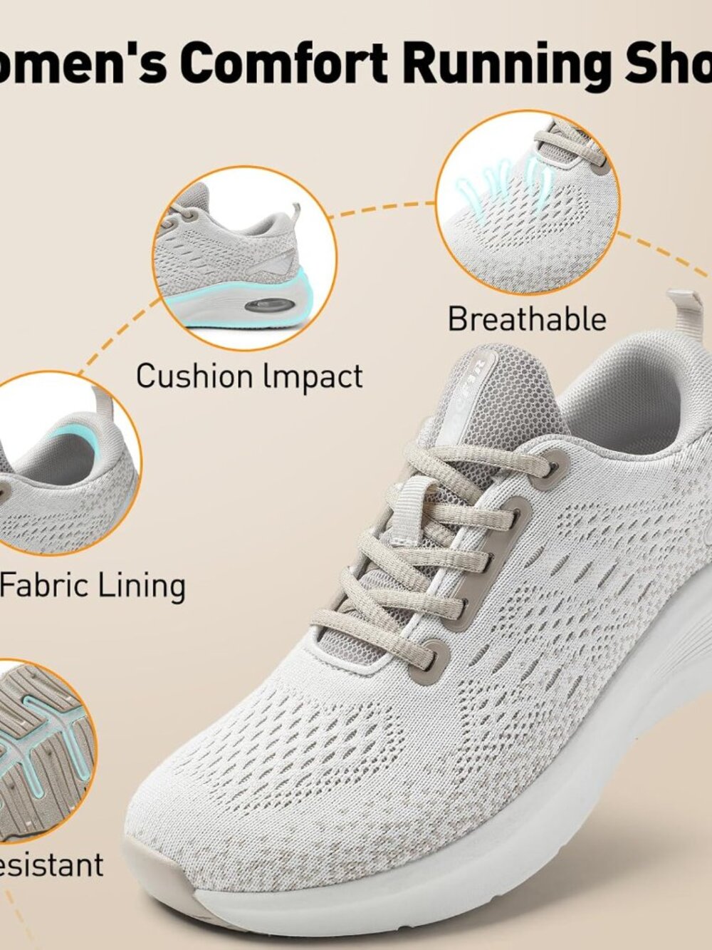 Women's Khaki/Beige Wide Orthopedic Cushioned Arch Lace-Up Running Sneaker Shoes - Picture 3 of 6